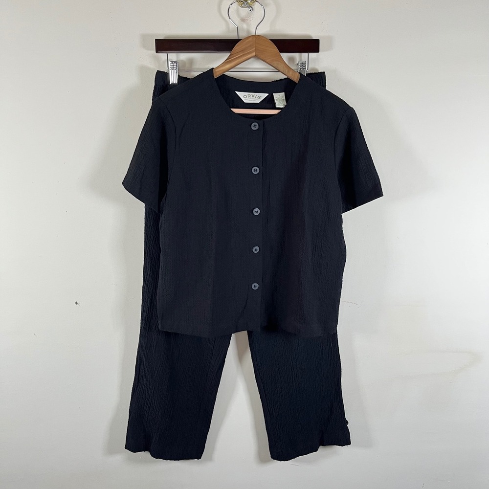 Orvis Crinkle Crepe Matching Two Piece Lounge Set Black Womens Small